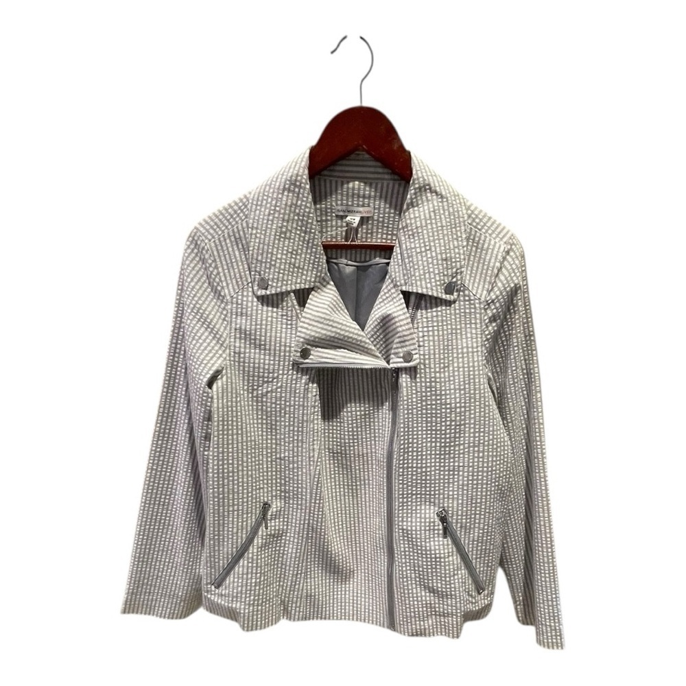 Isaac Mizrahi Live! Bold edgy Seersucker Motorcycle Jacket Gray White Lined 18W - Picture 2 of 10